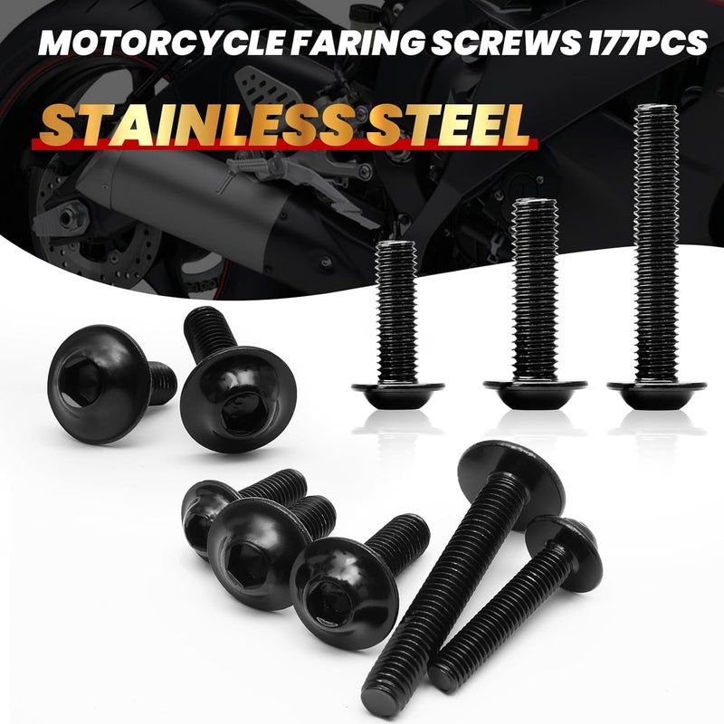 AEEAST 177Pcs Motorcycle Fairing Bolt Kit, M5 M6 Stainless Steel Windscreen Screws Fastener Clips Universal Fit for Sportbike Kawasaki Suzuki Honda Yamaha BMW Ducati GSXR Motorcycle(Black) - Image 2